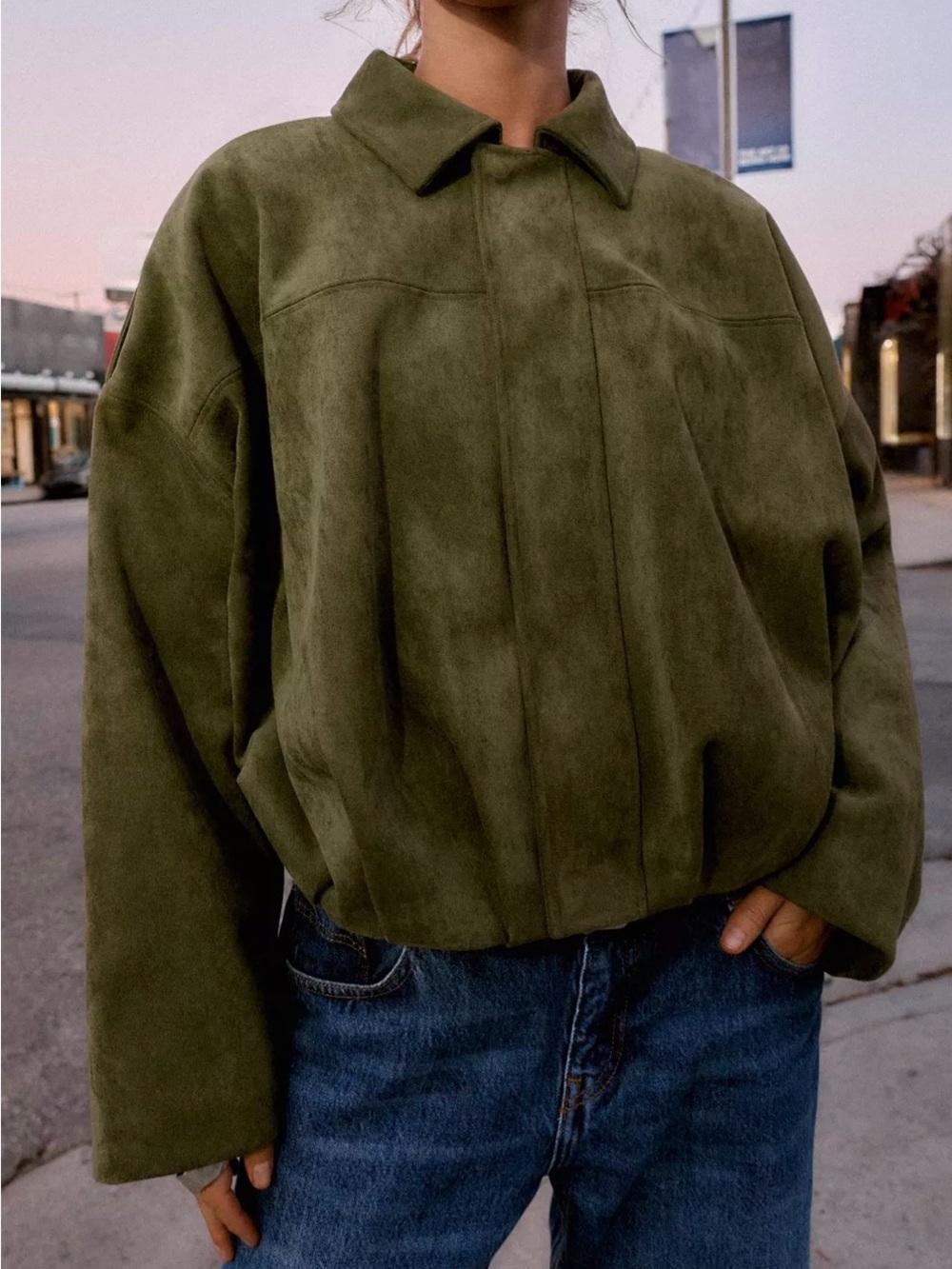 Zara Olive Green Suede-Look Bomber Jacket - Women's